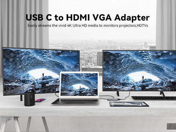 There is a laptop on the desk connected to two monitors via intpw id550 usb c hub .