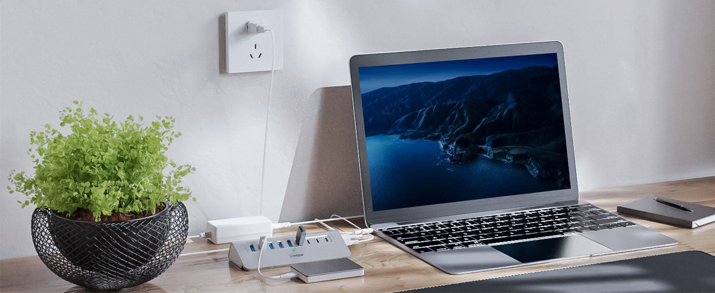 a silver intpw yh6ac connect laptop on a desk with a plant.