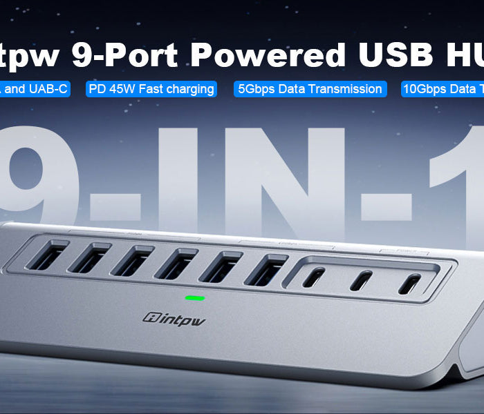 a silver intpw yh6ac powered usb hub with 9 ports.