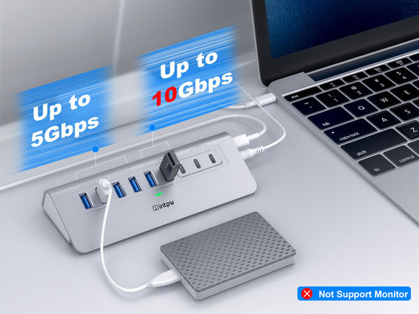 USB 3.0 and USB 3.2 ports on the intpw yh6ac USB hub with 5 to 10Gbps transmission speed – High-speed data transfer for external devices.