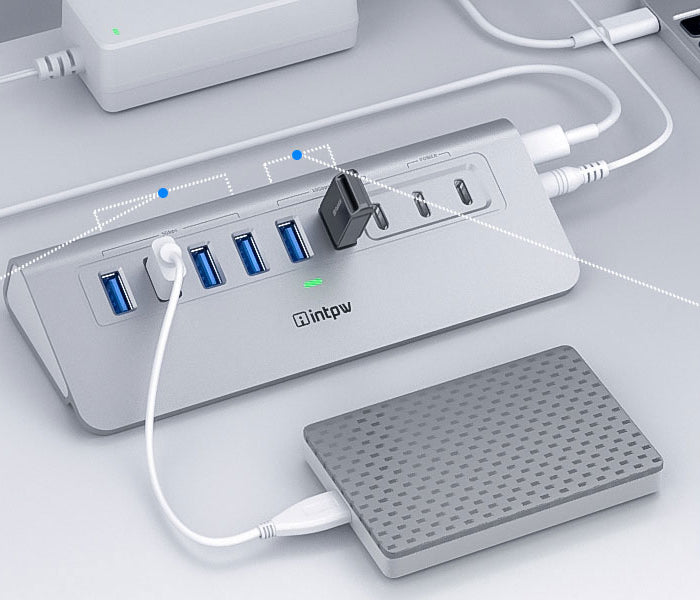 USB 3.0 and USB 3.2 ports on the intpw yh6ac USB hub with 5 to 10Gbps transmission speed – High-speed data transfer for external devices.