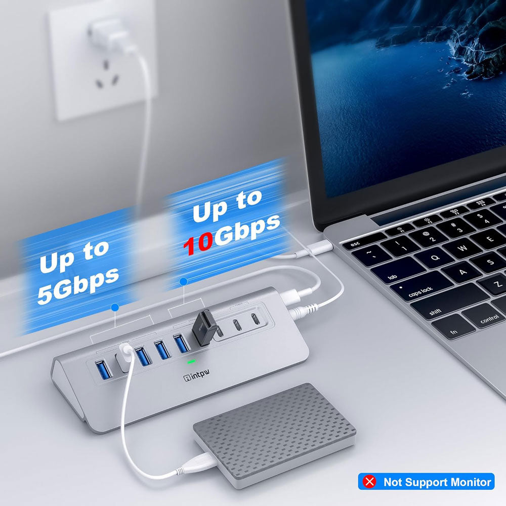 USB 3.0 and USB 3.2 ports on the intpw yh6ac USB hub with 5 to 10Gbps transmission speed – High-speed data transfer for external devices.