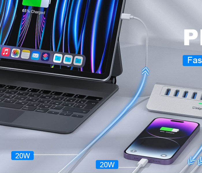 a silver intpw yh6ac usb hub charges phone and pad with pd 45w fast charging speed.