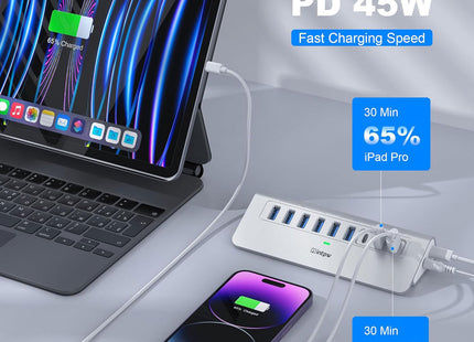 a silver intpw yh6ac usb hub charges phone and pad with pd 45w fast charging speed.