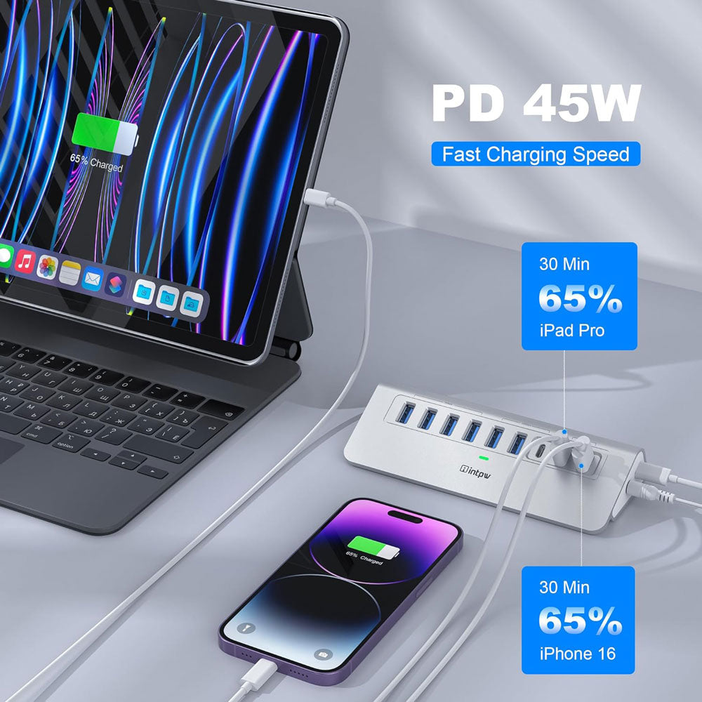 a silver intpw yh6ac usb hub charges phone and pad with pd 45w fast charging speed.