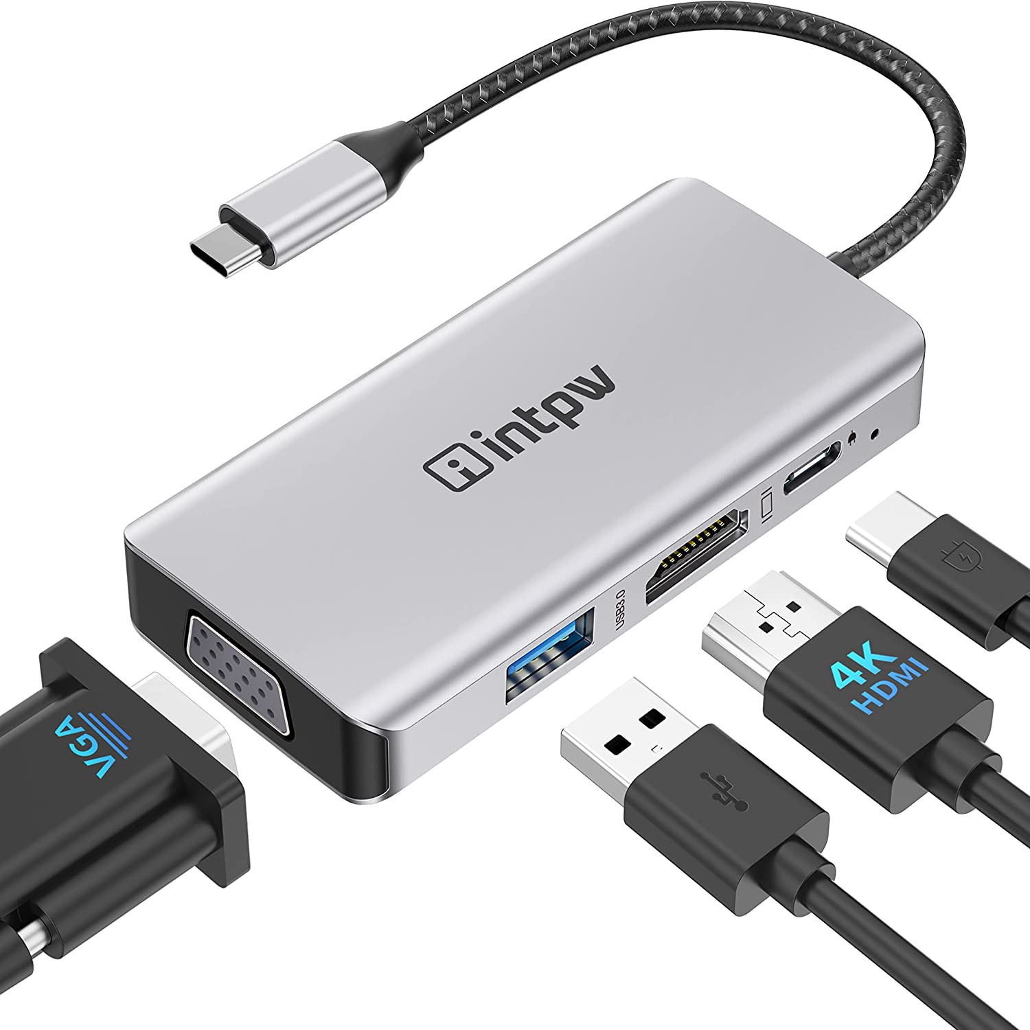 Intpw USB C HUB, USB C to HDMI VGA Adapter w/Dual Video Output(HDMI&VGA),  PD Pass-Through Charging Port, USB3.0 Port HUB for New MacBook Pro